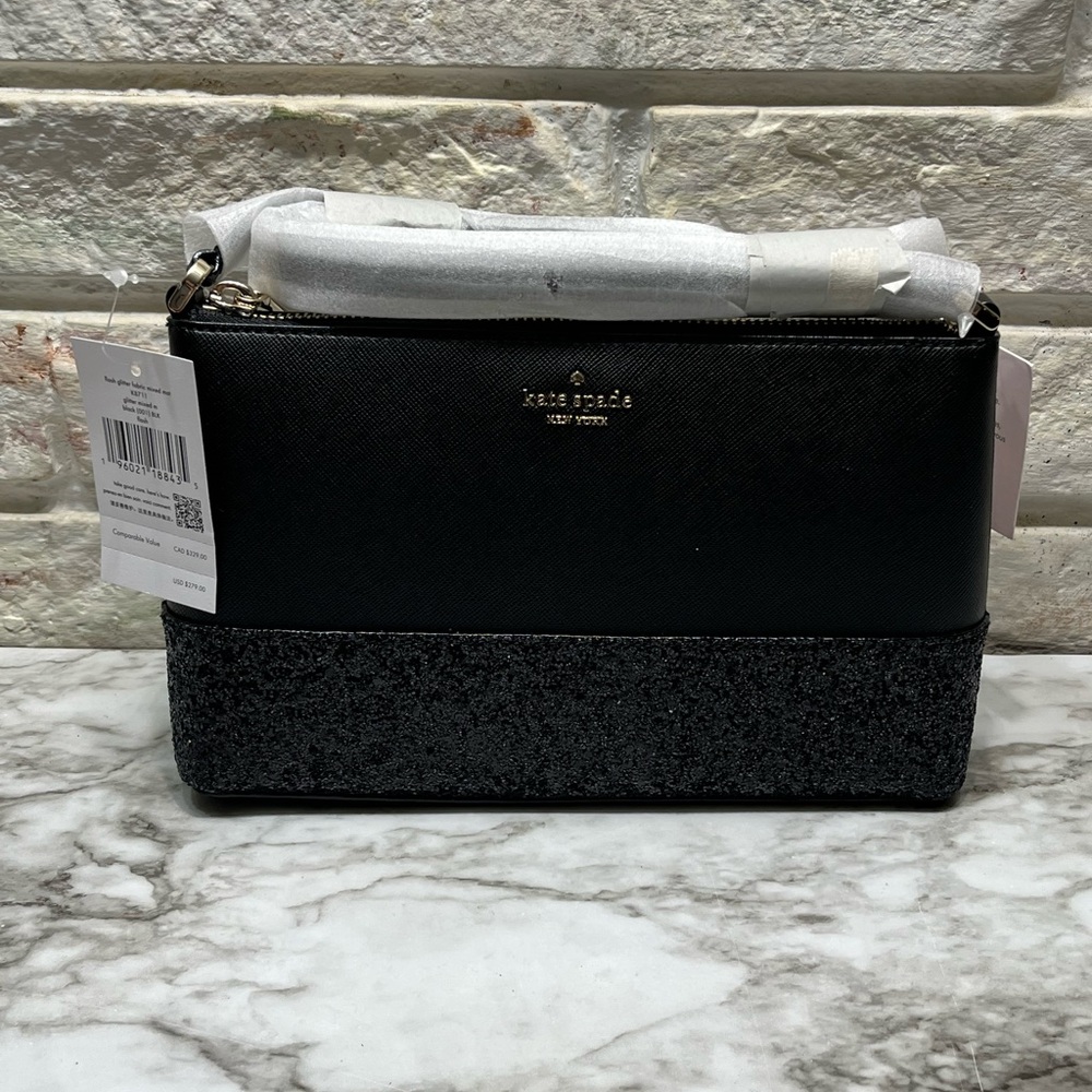 Kate Spade Ramey Greta Court Crossbody black saffiano leather and glitter. NWT
